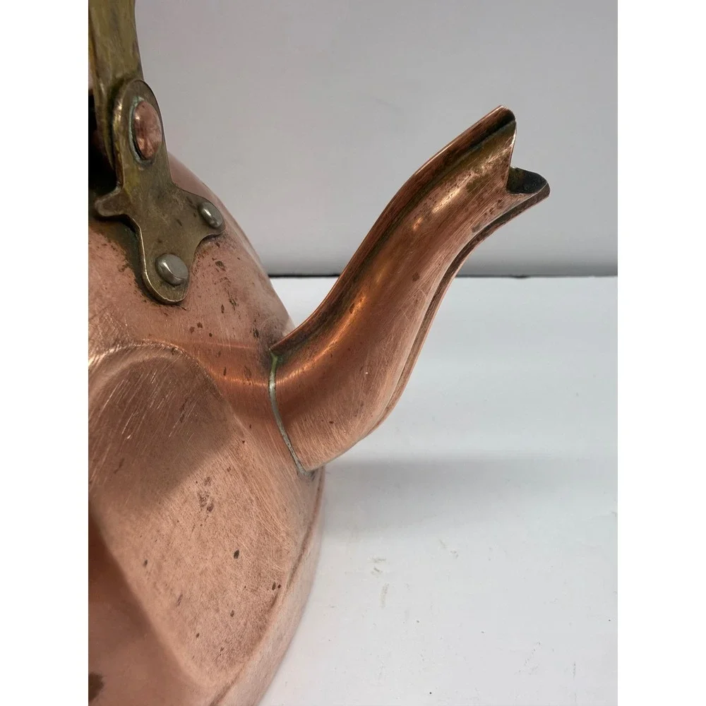 Vintage Copper Tea Kettle Brass Handle Fluted Thumbprint Design Rustic Decor